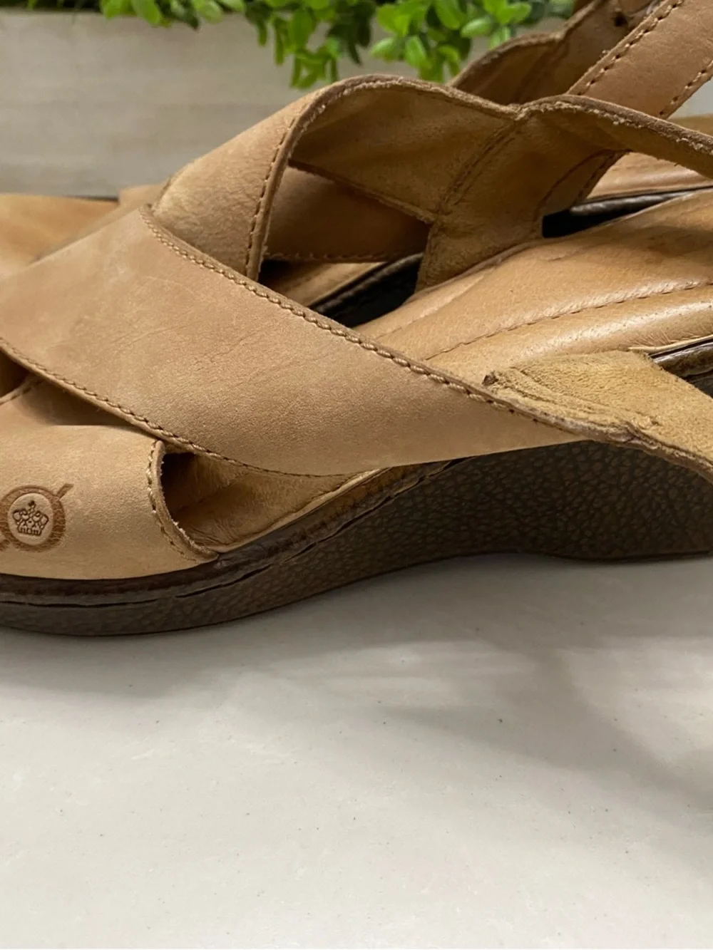 Børn Tan Leather Crisscross Slingback Wedge Sandals Opanka‎ Comfort Size 10